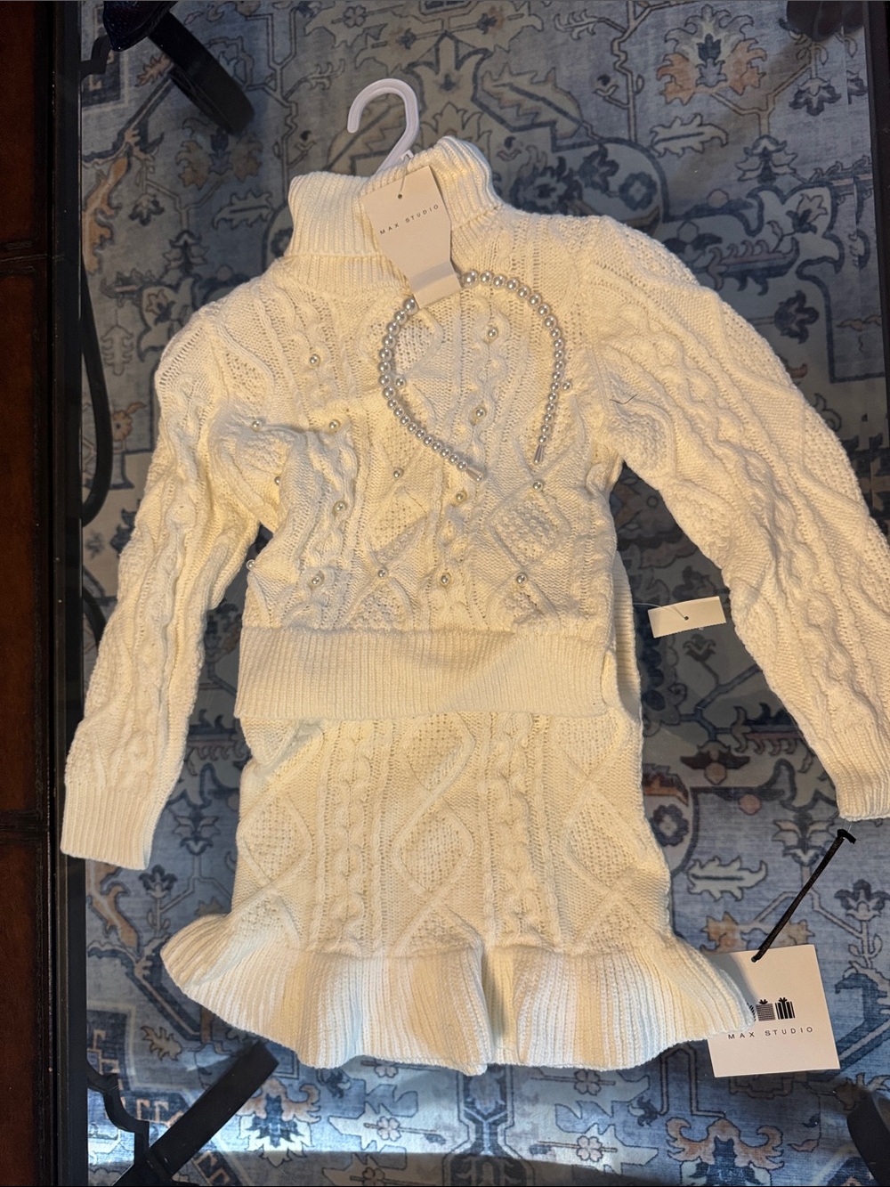 Max Studio Ivory Knit Sweater Set with Pearl Detail